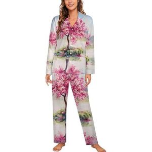 Fuji Cherry Blossoms dames lange mouw button down nachtkleding zachte nachtkleding lounge pyjama set XL
