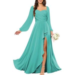 KURFACE Bruidsmeisjesjurken met lange mouwen en split voor dames, geplooid, chiffon, bruidsmeisje, vloerlengte, formele feestjurk, Turkoois, 36