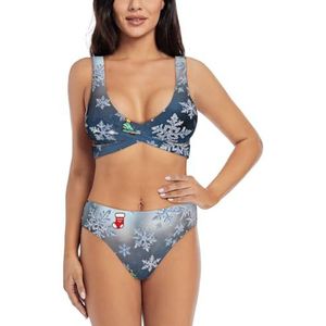 Zelinge Bikinitop met wikkelvoorkant en hoge taille onderaan, zomerzwempak met hoge taille, S-2XL, Cartoon Kerst Elementen Sneeuwvlokken, S
