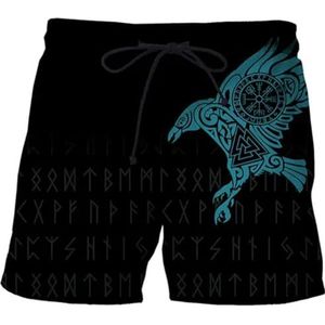 Heren Nordic Thor's Hammer Shorts, Viking 3D Digitaal Printen Odin Raven Losse Sport Harajuku Korte Mouwen, Zomer Vegvisir Tattoo Heidense Sneldrogende Tops(Blue Raven shorts,XL)