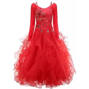 FZHQNZJF Dames Nationale Standaard Kostuum Lange Mouwen Wals Danskleding Tango Balzaal Dansende Jurken Met Strass Foxtrot Flamenco Grote A-Lijn Rok,Rood,3XL