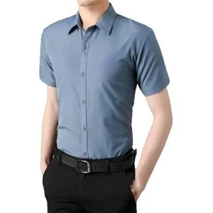 Heren Zomer Zakelijk Dunne Korte Mouwen Shirt Mannen Eenvoudige Mode All-Match Revers Knop Solid Slim Shirt, Haze Blauw, XS