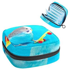 Maandverband Opbergtas,Draagbare maandverband Opbergzak,Blauwe Budgie Parrot Scooter, Meerkleurig, 4.7x6.6x6.6 in/12x17x17 cm