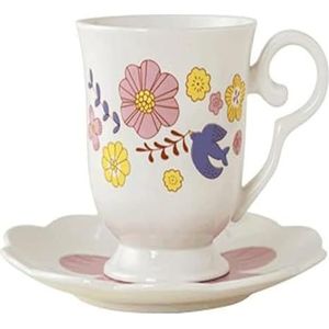 cups Vliegende vogel patroon koffiemok en schotel 300ML magnetronbestendige keramische multifunctionele theekop en schotel set-blauw/roze koffie (Color : Pink)