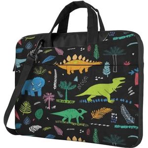 ZaKhs Dinosaurus Palmblad Print Laptop Schoudertas Met Schouderriem Aktetas Slanke Computer Tas Voor Vrouwen Mannen, Zwart, 13 inch