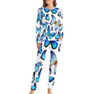 Vlinder Kleurrijke Blauwe Tekening Art Zachte Dames Pyjama Lange Mouw Warm Fit Pyjama Loungewear Sets met Zakken M