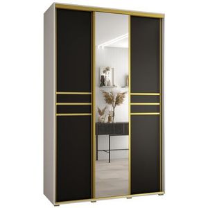 MEBLE KRYSPOL Davos 11 160 Kledingkast met drie schuifdeuren voor slaapkamer - Moderne Kledingkast met spiegel, kledingroede en planken - 235,2x160x60 cm - Wit Zwart Goud