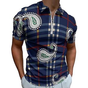 Paisley op marineblauw gestreept poloshirt voor heren, casual T-shirts met ritssluiting en kraag, golftops, slim fit