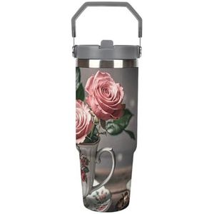 FZQVSGW 30 oz grote capaciteit autobeker met rietje theekopjes met rozen romantische shabby roestvrijstalen reismok - dubbelwandige vacuüm geïsoleerde beker, lekvrij, voor reizen, buiten en