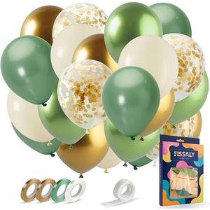 Fissaly® 40 stuks Olijfgroen & Gouden Ballonnen Set met Lint – Feest Decoratie – Verjaardag Versiering – Papieren Confetti - Helium