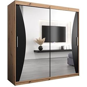MEBLE KRYSPOL Monaco 200 slaapkamerkast met twee schuifdeuren, spiegel, kledingroede en planken - 200x200x62cm - Artisan + mat zwart
