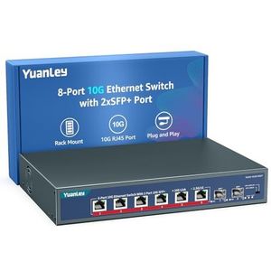 YuanLey 8-poorts 10G Ethernet-schakelaar, 6 x 10Gbps RJ45-poorten, 2X 10Gbe SFP+-poorten, ondersteuning 10G/5G/2.5G/1G/100Mbps Snelheid Auto-Negotiation, 160Gbps schakelcapaciteit, onbeheerde switch