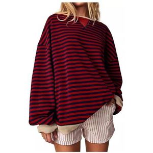 Gestreepte trui Dames Oversized gestreept sweatshirt Kleurblok Sweatshirt met lange mouwen en ronde hals Los truishirt (Color : Burgundy, Size : XXL)