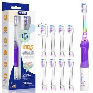 Seago Elektrische tandenborstel voor kinderen vanaf 3 - 12 jaar, kindertandenborstels, elektrisch met gekleurd licht, smart timer, 8, zachte borstelkoppen, waterdicht, ultrasone babytandenborstel