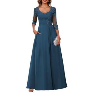Dames chiffon moeder van de bruid jurk voor bruiloft ruches galajurken cocktailjurk plus size, Turkoois, 46