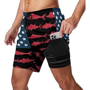 USA Flag Fishing Heren Zwembroek Sneldrogende 2-in-1 Beach Sport Shorts met Compressie Liner En Pocket