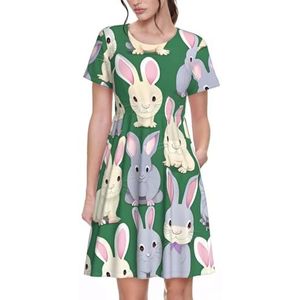 Tamiger Veel Bunny Leuke Print Casual Korte Mouw Jurk voor Zomer Herfst Ronde hals Jurk met Zakken Vrouwen Jurken, Zwart, L