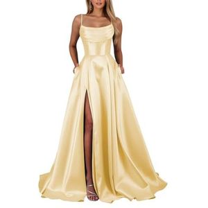 KIYNE Satijnen galajurken voor dames met steekzakken en spaghettibandjes, lange formele avondjurk, Geel, 34
