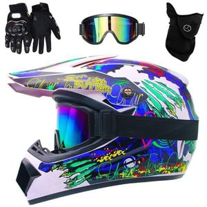 Jeugd Kids ATV Motocross Helm, met Bril Masker Handschoenen, DOT Goedgekeurd, Unisex Full Face Off Road Motorhelm, ATV BMX Downhill Mountainbike Quad Bike Helmen(F1,XL (58-59cm))