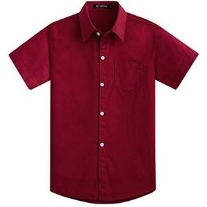 Spring&Gege Effen formele katoenen twill overhemden met korte mouwen voor jongens, Bordeaux, 5-6 jaar