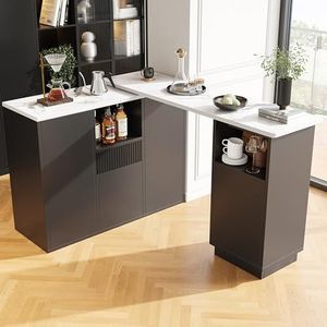 360° draaibare bartafel (hoofddeel 198,5 x 30 x 75 cm), modern en eenvoudig zwart design, met open opbergruimte en marmeren werkblad, multifunctioneel opberglazuur (zwart)