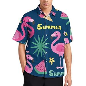 Tropisch blad flamingo-ijs Hawaïaans shirt voor heren, zomer, strand, casual, korte mouwen, button-down shirts met zak