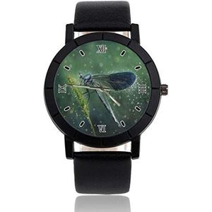 Dragonfly Gepersonaliseerde Custom Horloge Casual Zwart Lederen Band Polshorloge Voor Mannen Vrouwen Unisex Horloges, Zwart, riem