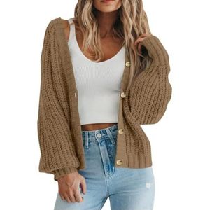 UPPJPBSW Dames Chunky Knit Trendy Casual Lantaarn Cardigans Trui Lange Mouw Open Voor Knopen Gebreide Bovenkleding Jassen,Bruin,3X Large