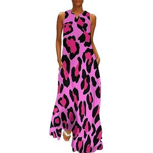 Roze luipaardprint dames enkellengte jurk slim fit mouwloze maxi-jurk casual zonnejurk XL