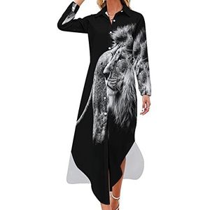 Leeuw in zwart-wit dames maxi-jurk lange mouwen knopen overhemd jurk casual feest lange jurken 6XL