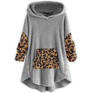 Dames truien sweatshirt hoodie dames lange mouw zak pluche schattige kat geborduurd effen kleur jas (3XL, grijs-2), grijs-2, 3XL
