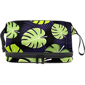 Dubbele Laag Cosmetische Tas Tropische Blad Draagbare Make-up Tas Reizen Organizer Pouch voor Vrouwen Meisjes Toiletartikelen Tassen, Meerkleurig, 27x15x14 cm/10.6x5.9x5.5 in, Make-up zakje
