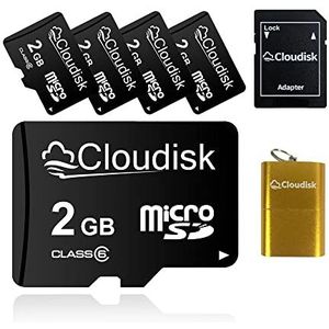 Cloudisk 5 stuks 2 GB Micro SD-kaart 2 GB MicroSD-geheugenkaart klasse 6 met kaartlezer en SD-adapter, bulk sale