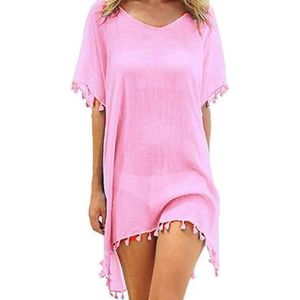 Chiffon Strandkleding Vrouwen Strand Bikini Cover Up Kwastje Strand Jurk V-hals Badmode Zomer Casual Badpak, roze, One size
