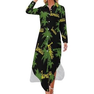 Palm Tree Jamaica Maxi-jurk voor dames, lange mouwen, knoopsluiting, casual party, lange jurk, 2XL