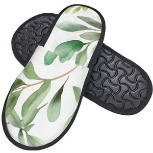 KHiry Schuimpantoffels voor mannen en vrouwen, groene bloem aquarel kruid saliebladeren en takken pluizige pantoffels huis winter warme schoenen voor slaapkamer buiten en binnen, Zwart, one size