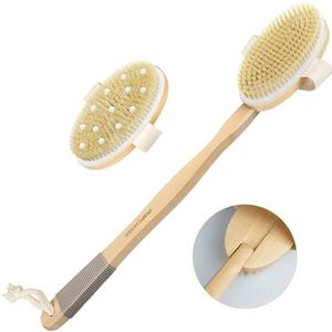 POPCHOSE Body Scrubber voor mannen en vrouwen, rugschrobber voor douche, natuurlijke borstel exfoliator scrubber voor lichaamscellulitis en lymfatisch, lange steel, afneembare, dubbele opzetborstels