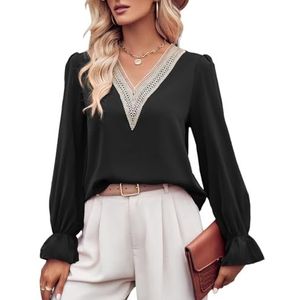2024 Vrouwen Sexy Kanten Rand V-hals Shirts Chic Gesmokte Bladerdeeg Lange Mouw Tops Solid Casual Losse Tuniek Blouses (Color : Black, Size : XL)