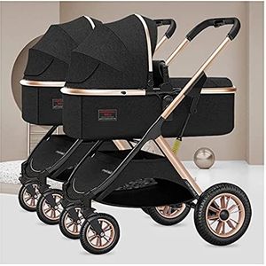 Twin Paraplu Kinderwagen Dubbele Kinderwagen, Opvouwbare Tandem Wandelwagen for Baby en Peuter, Afneembare 2 Enkele Kinderwagens Dubbele Kinderwagen met Omkeerbare Bassinet (Color : Black)