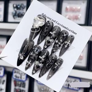 Verwijderbare en draagbare nail art Franse amandel ombre handgemaakte opdruknagels lange acryl valse nageltips innail (kleur: 29144, maat: M)