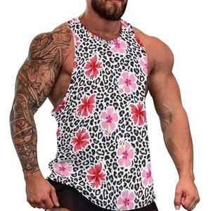 Hibiscus bloemen met luipaardprint - Grafische mouwloze bodybuilding T-shirts voor heren, casual strand-T-shirt, grappig sportschool-spierweefsel