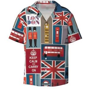 Engeland Symbolen Print Heren Korte Mouw Button Down Shirts Casual Losse Fit Zomer Strand Shirts Heren Jurk Shirts, Zwart, M
