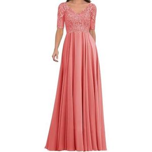 AHERKLL Kant Applique Moeder Van De Bruid Jurken Half Mouw Formele Avond Party Grootmoeder Jurken Lange HAH057, Koraal, 32