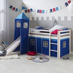 Homestyle4u 521, kinderhoogslaper met glijbaan, ladder, toren, gordijn blauw, massief grenenhout, wit, 90x200 cm