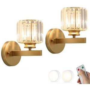 SIYANE Set van twee kristallen wandkandelaars, op batterijen werkende wandlampen met afstandsbediening, dimbare lamp, draadloze LED-wandlamp, goudzwart, draadloze verlichting voor slaapkamer, nachtkas