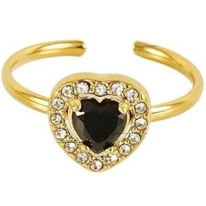 Damesbloemring roestvrij staal liefde vierkant dubbellaags diamant 18K ring live mond verstelbare zirkoonring (Color : Heart [Black]_Adjustable)