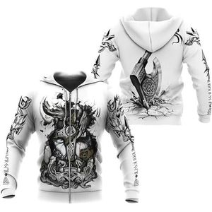 JHBTFQ Odin Hoodie, 3D Gedrukte Noorse Mythen Bijl Raaf Wolf Beer Rune Wit Lente en Herfst Pullover voor Heren Vrouwen,Zip hoodie,5XL
