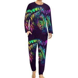 Neon Veelkleurige Zebra Portret Mannen Pyjama Set Lounge Wear Lange Mouw Top En Bodem 2 Stuk Nachtkleding