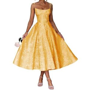 AHERKLL Spaghetti Bandjes Bruidsmeisjes Jurken Bloemen Satijn Jacquard Formele Avond Feest Maxi Jurk Thee Lengte HAH048, Goud, 44
