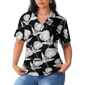 Skull-Chef Koken Schedel Dames Sport Shirt Korte Mouw Tee Golf Shirts Tops Met Knopen Workout Blouses